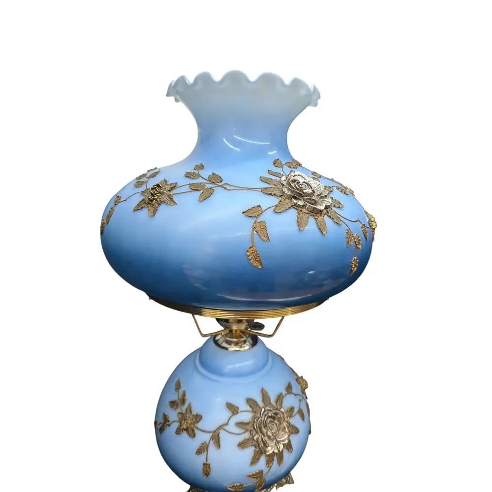 Vintage Falkenstein Style Industries Blue Opaline Hurricane Lamp Floral Dual